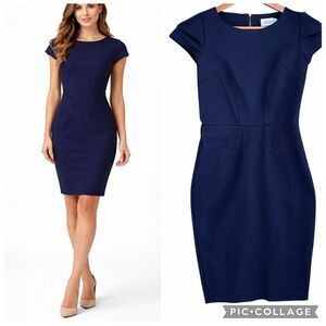Closet London Navy Sheath Dress Cap Sleeve Tailored Midi Size US4 Corporate Chic